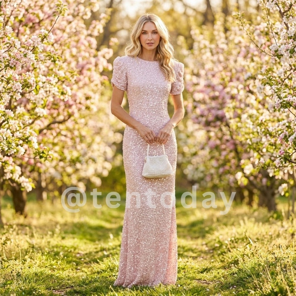 $698 Mac Duggal Size 6 Pink Pearl Gathered Short Sleeve Long Maxi Gown Dress